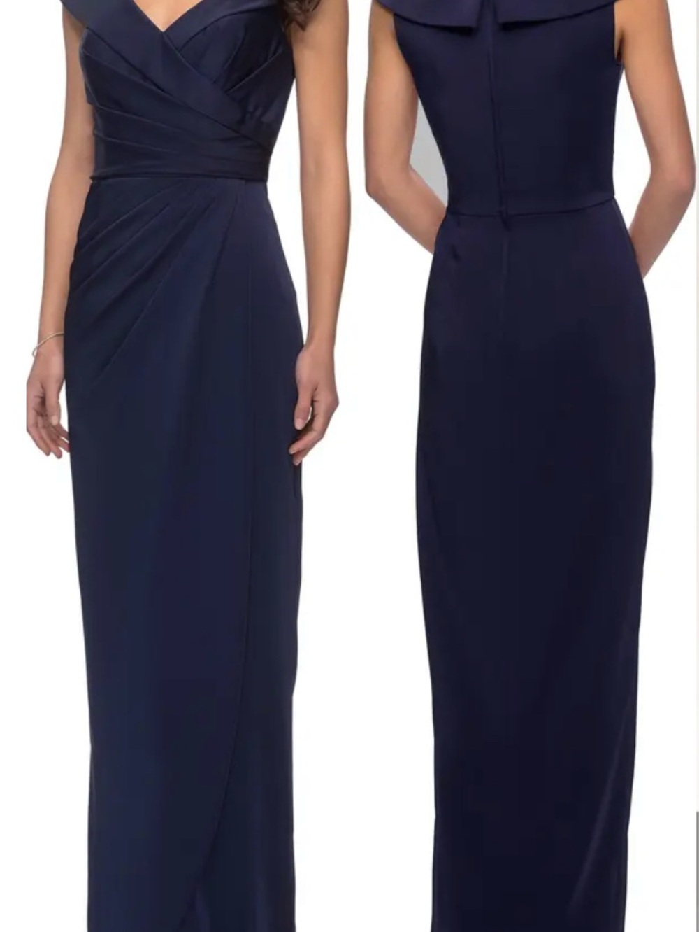 La Femme Navy V‑Neck Ruched Maxi Gown